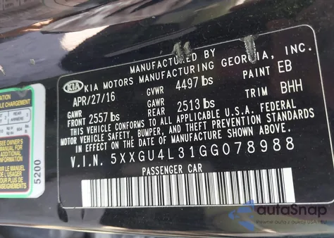 2016 Kia Optima Ex from USA, damaged, VIN 5XXGU4L31GG078988